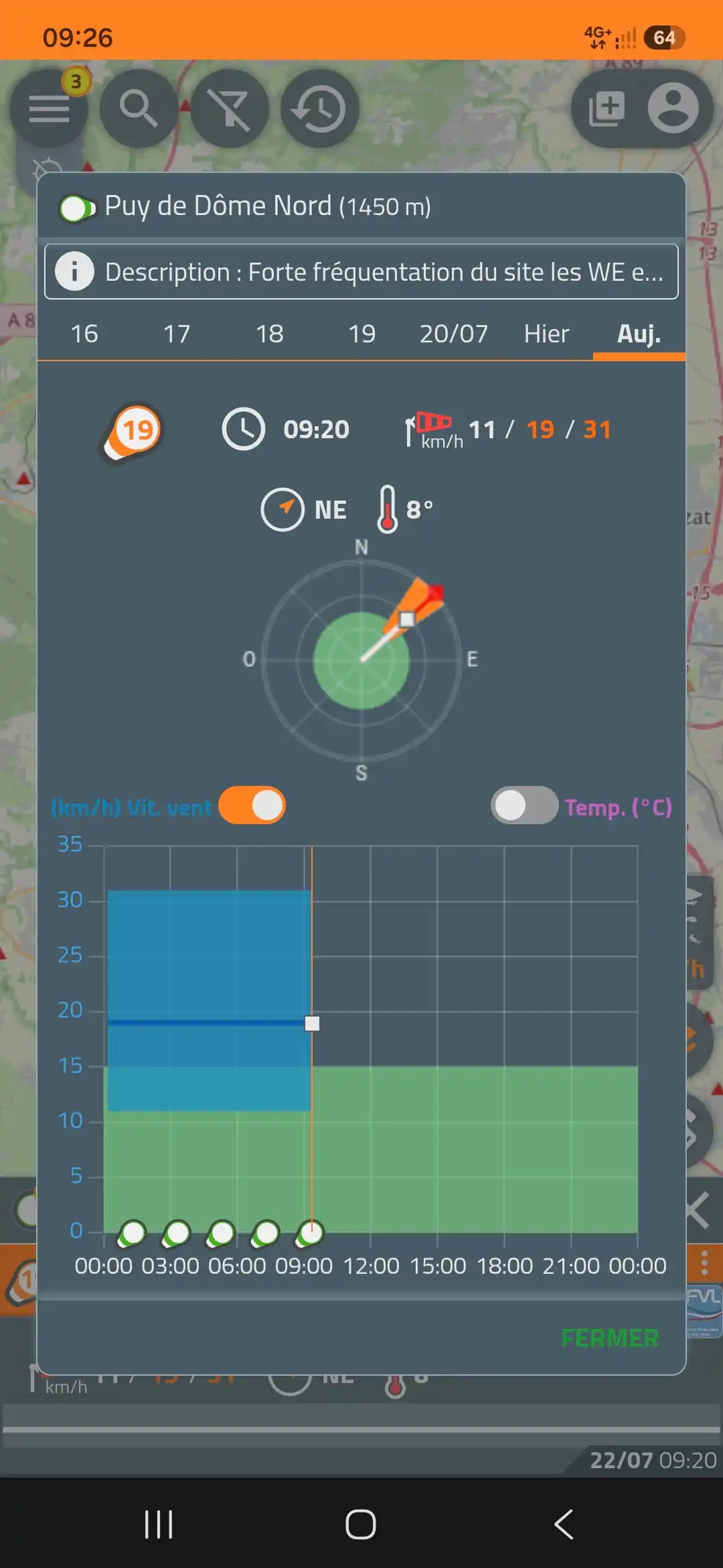Capture d'écran de l'application et des balises météo parapente